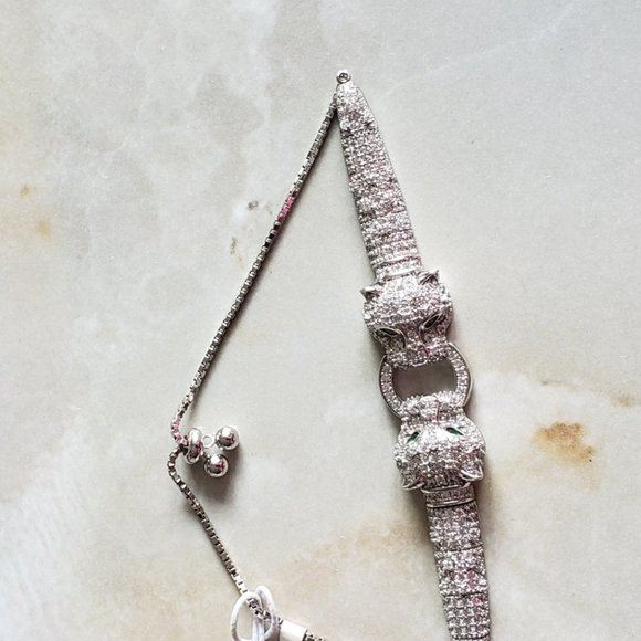 Sterling silver - jaguar/ leopard / cat, double head, green eye bracelet - Picture 3 of 8